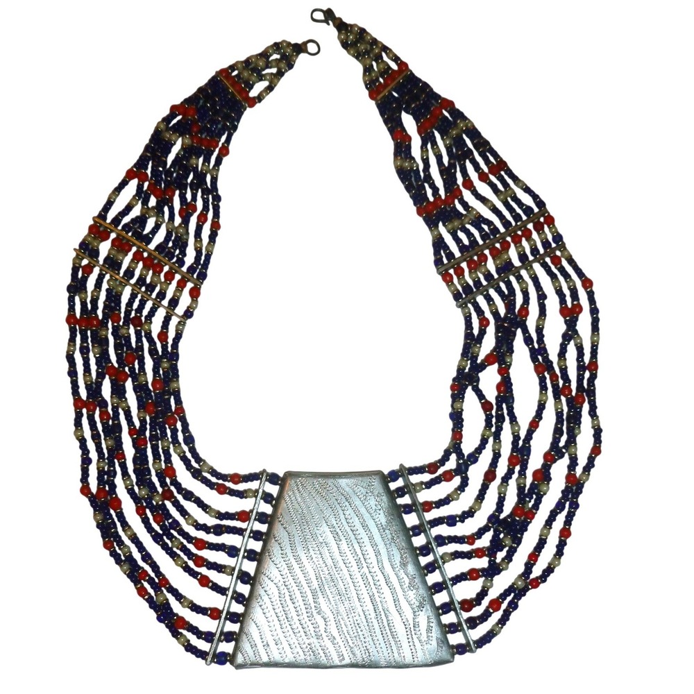 Vintage Tribal Multi Strand Seed Bead Bib Necklace Blue Red Silver Tone Etched